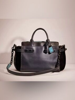 Coach Re(Loved) Nave Blue Teal Double Swagger Mixed Leather Suede Satchel 26818
